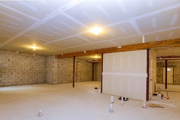 New residential construction home framing with basement unfinished view New residential construction home framing with basement unfinished view